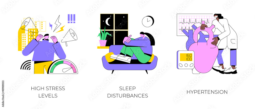 Stressful life abstract concept vector illustration set. High stress levels, sleep disturbances, hypertension, digital overload, mental health, high blood pressure, insomnia abstract metaphor.