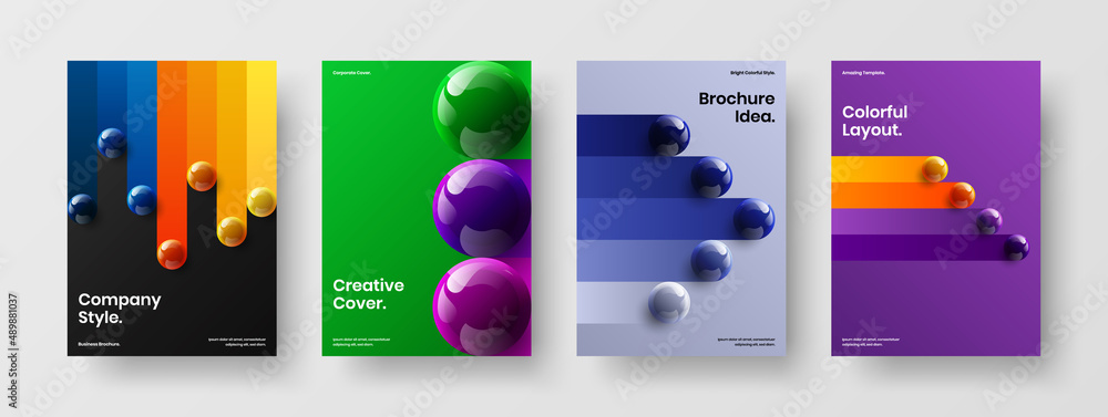 Creative company brochure design vector template set. Amazing 3D balls annual report concept bundle.