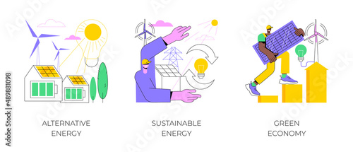 Clean green energy abstract concept vector illustration set. Alternative energy, sustainable eco system, renewable sources, wind turbine, solar panels, green economy, eco friendly abstract metaphor.