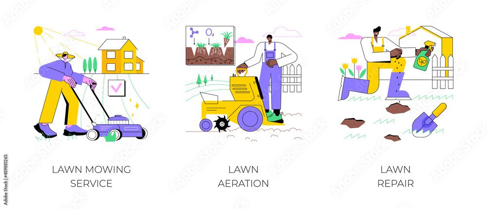 Naklejka premium Turf maintenance abstract concept vector illustration set. Lawn mowing service, aeration and repair, gardening, grass fertilization, remove dandelion, thatch and moss, overseeding abstract metaphor.