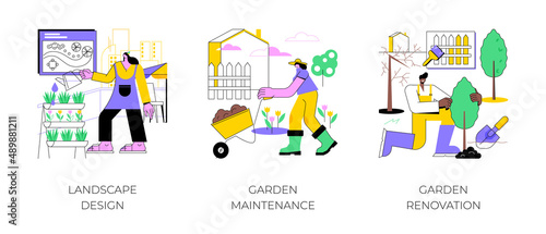 Gardening services abstract concept vector illustration set. Landscape design, garden maintenance and renovation, frond and backyard, shaping plants, hedge trimming, lawn mowing abstract metaphor.