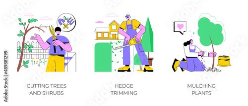 Garden works abstract concept vector illustration set. Cutting trees and shrubs, hedge trimming, mulching plants, weed control, landscape maintenance, broken branches, topiary abstract metaphor.