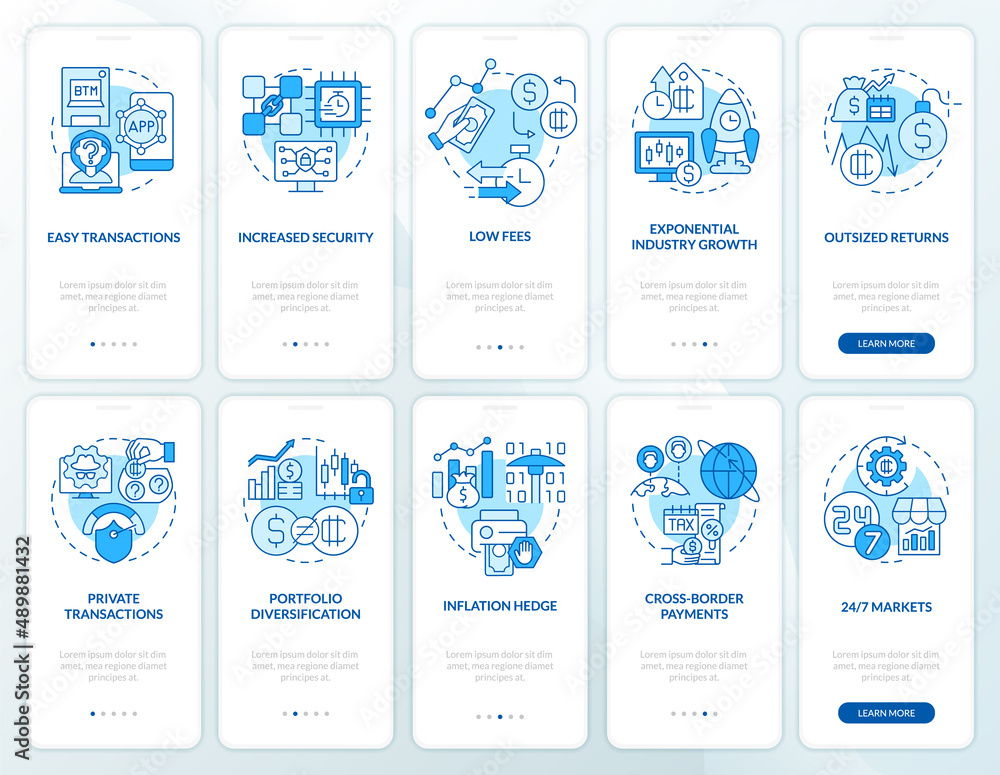 Adopting crypto-currency blue onboarding mobile app screen set ...