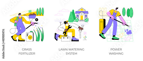 Gardening services abstract concept vector illustration set. Grass fertilizer, lawn watering system, power washing, garden hose, soil nutrients, pop-up sprinkler, dust and mold abstract metaphor.