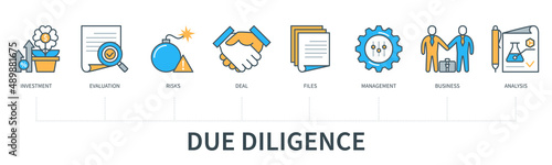 Due diligence concept with icons. Investment, evaluation, risks, deal, files, management, business, analysis. Web vector infographic in minimal flat line style