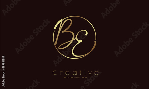 Initial BE Logo, handwritten letter BE in circle with gold colour, usable for Brand,, personal and company logos, vector illustration