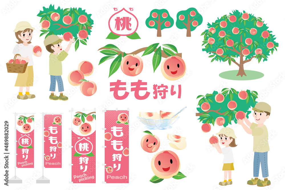 Fototapeta premium 桃狩りのセットイラスト