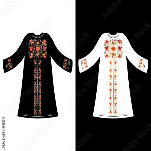 Design of traditional islamic muslim dress for woman, black fashion beautiful abaya from UAE or Saudi Arabia. Luxury icon abaya. Beautiful arabic abaya flat lay. muslim hijab, islamic female clothing. photo