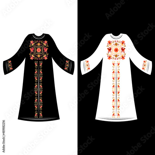 Design of traditional islamic muslim dress for woman, black fashion beautiful abaya from UAE or Saudi Arabia. Luxury icon abaya. Beautiful arabic abaya flat lay. muslim hijab, islamic female clothing.