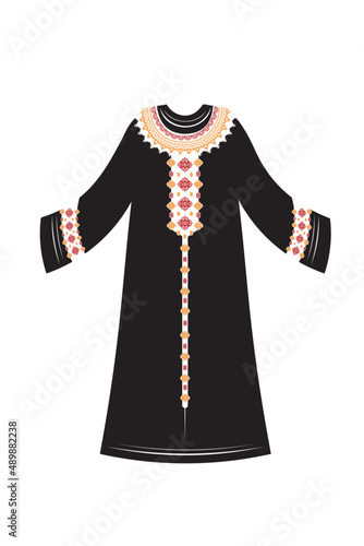 Design of traditional islamic muslim dress for woman, black fashion beautiful abaya from UAE or Saudi Arabia. Luxury icon abaya. Beautiful arabic abaya flat lay. muslim hijab, islamic female clothing.