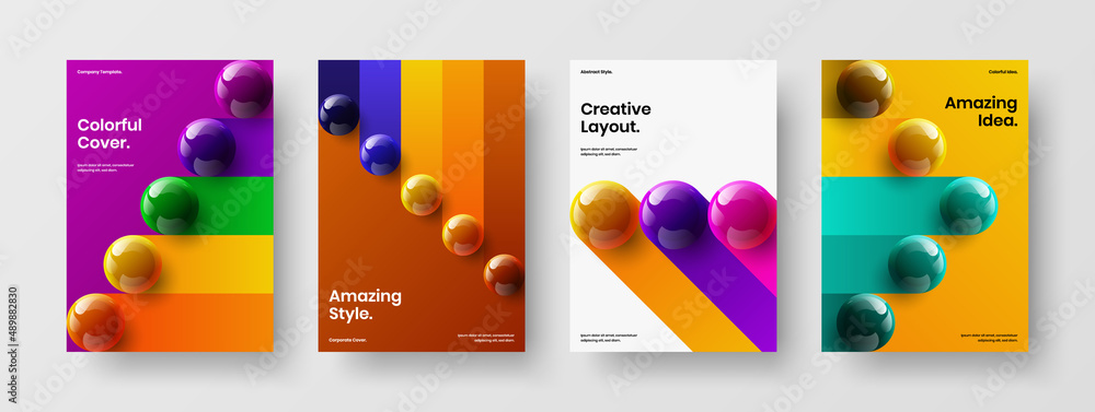 Abstract corporate identity A4 design vector concept set. Trendy 3D balls front page template bundle.