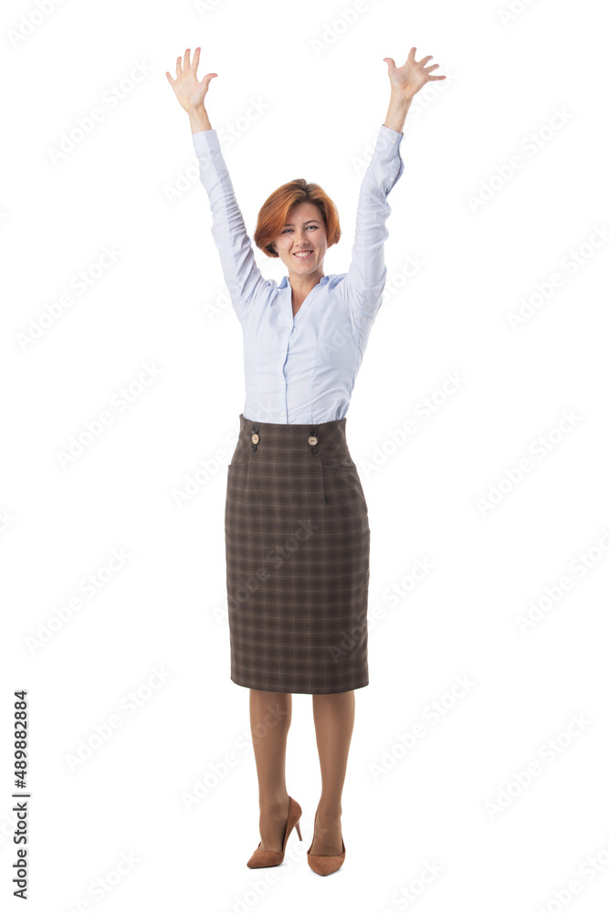 Happy business woman raised arms Happy business woman raised arms