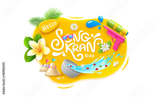 Songkran day, water gun this thailand flower summer, water in bowl water splash, design on yellow background, EPS 10 vector illustration
