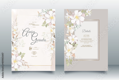  Wedding invitation card template set with beautiful white floral leaves Premium Vector