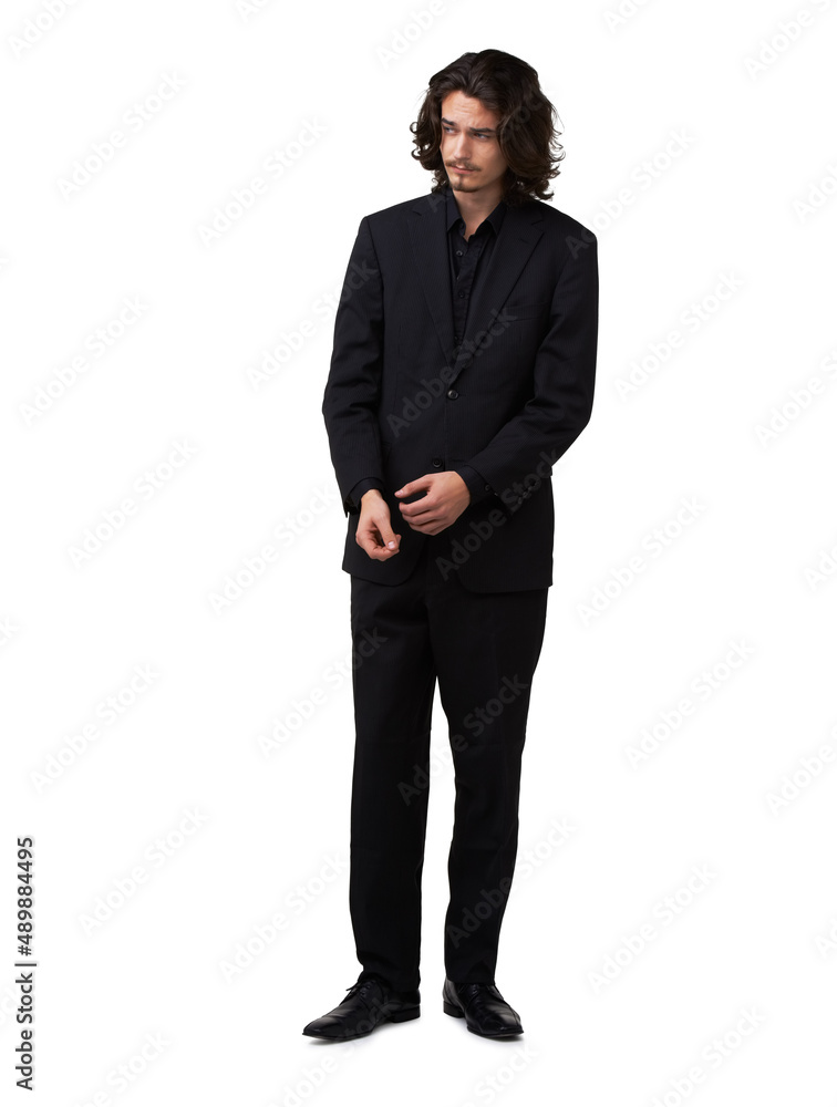 He has style and charm. Handsome young man posing in a black suit - full length. He has style and charm. Handsome young man posing in a black suit - full length.