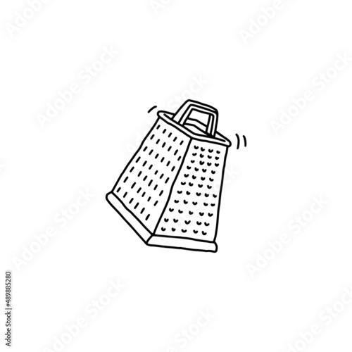 Grater metal kitchen utensil, hand drawn doodle vector illustration isolated.
