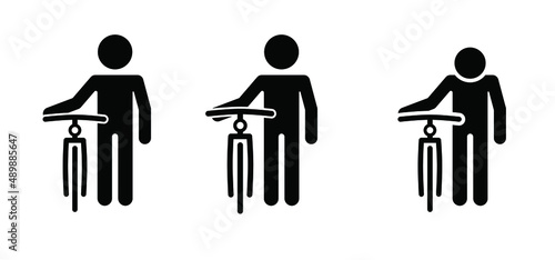 Stickman, stick figures man with a bicycle in his hand. Cycling line pattern banner. Cyclist logo. Racing bike or Mounting biker.