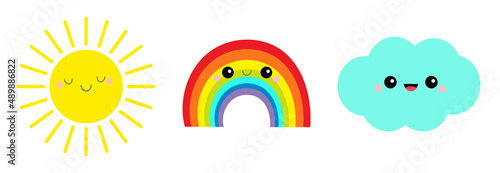 Sun, cloud, rainbow icon set line. Cute cartoon kawaii funny baby character. Smiling face emotion. Baby charcter collection. Flat design. Isolated. White background.