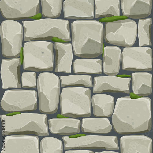 Stone wall from bricks, rock with old moss, game background in cartoon style, seamless textured surface. Ui game asset, road or floor material
