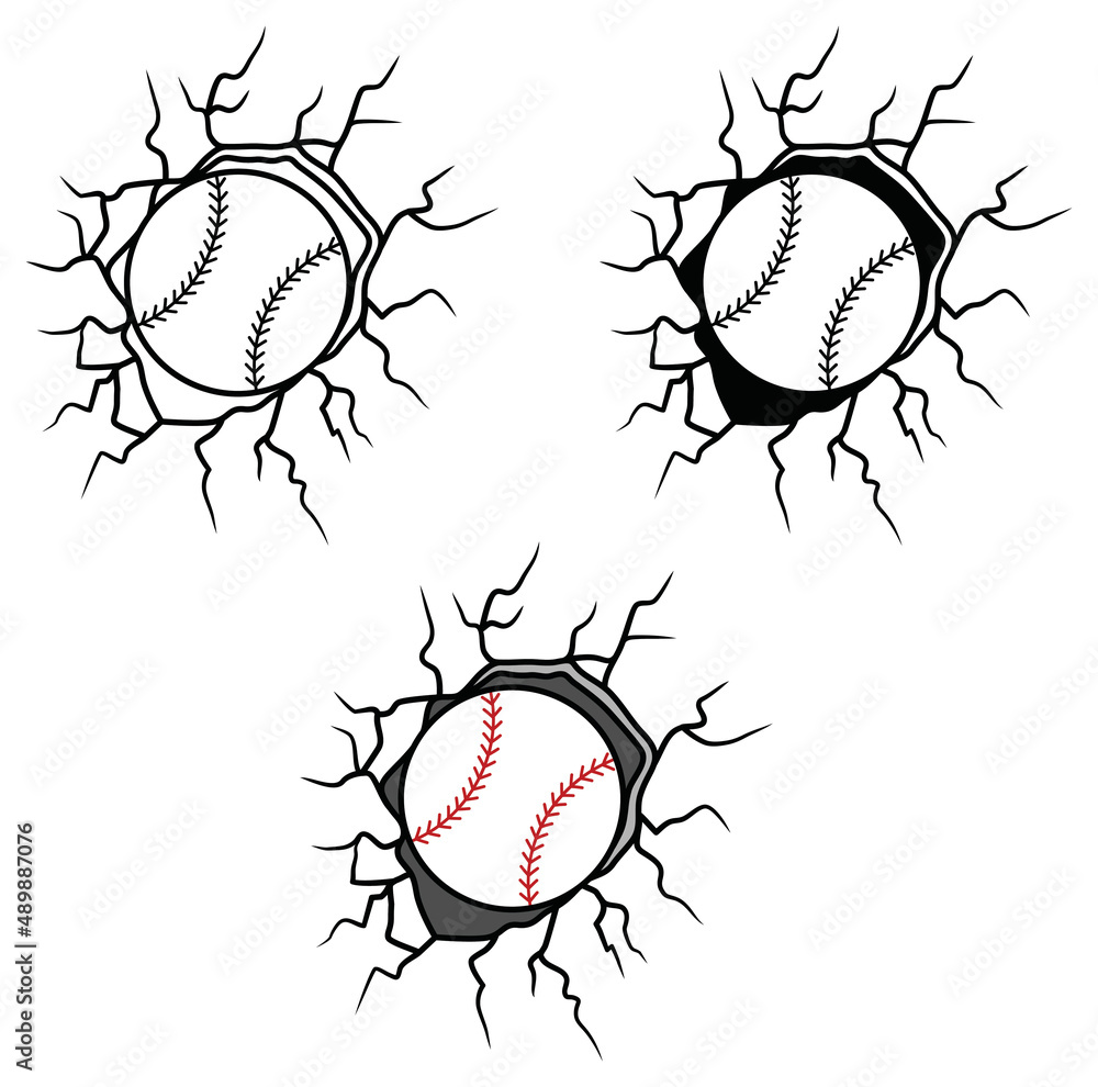 Baseball Breaking Through A Wall Clipart Set Outline Silhouette And Color Stock Vector
