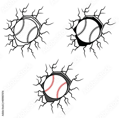 Baseball Breaking through a wall Clipart Set - Outline, Silhouette and Color