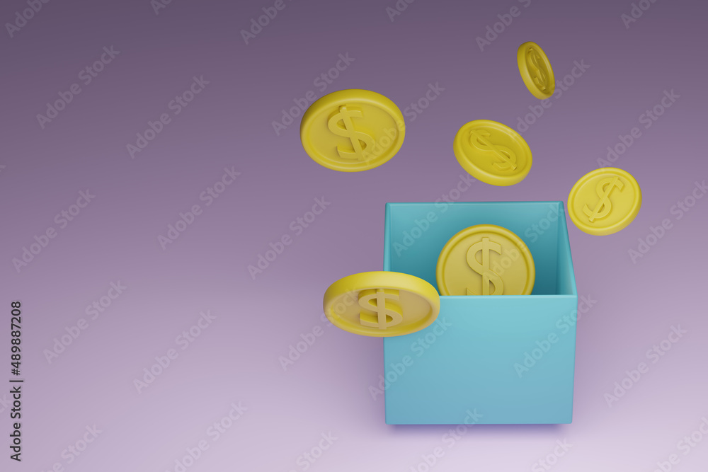 Coins floating from a box on purple background. Budget spending, money-saving concept. 3d render illustration