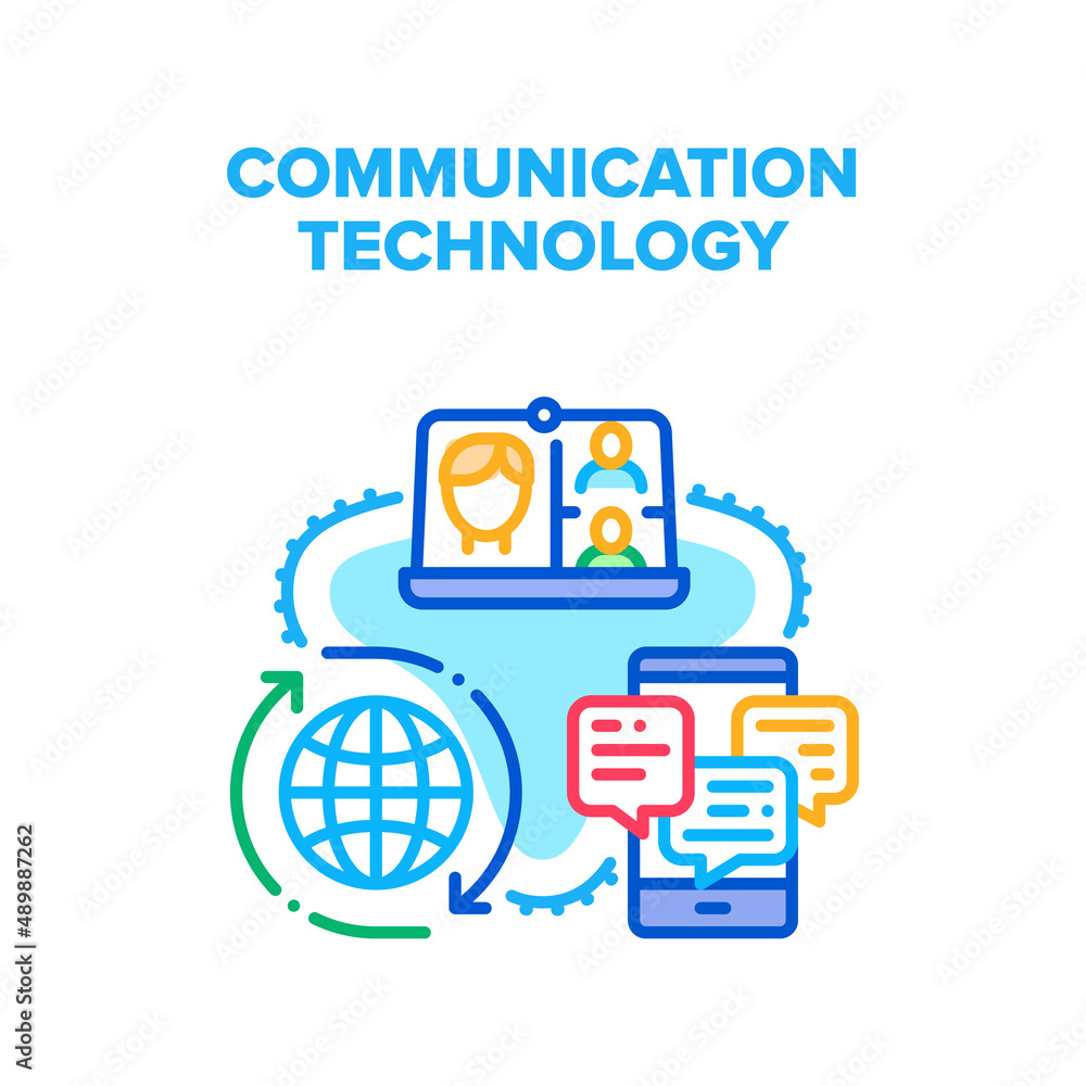 Communication Technology Vector Icon Concept. Messaging And Chatting On Smartphone, Video Calling On Laptop And Mobile Phone, Communication Technology For Worldwide Connection Color Illustration Communication Technology Vector Icon Concept. Messaging And Chatting On Smartphone, Video Calling On Laptop And Mobile Phone, Communication Technology For Worldwide Connection Color Illustration