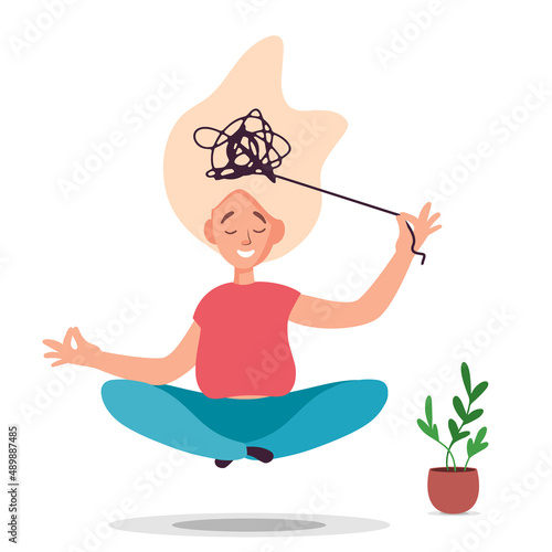 Smiling girl sits in lotos pose on the floor. Levitating and meditation young woman. Struggle with mental depression.  Mindfulness meditation,  training at home, healthy lifestyle and selfcare vector 