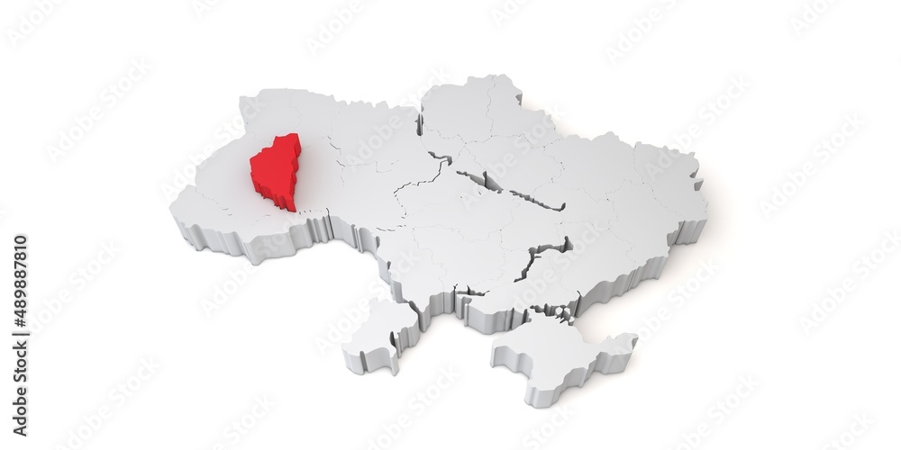 3d map of Ukraine showing the region of Ternopil in red. 3D Rendering