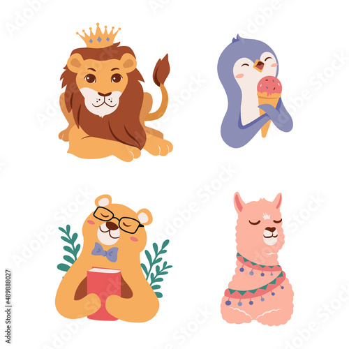 Set of Fairytale animals in vector illustrations. The collection of kids cartoon lion, penguin, bear, llama