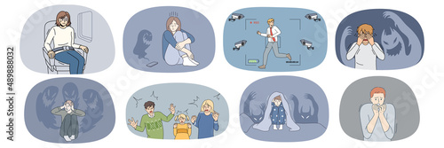 Set of scared diverse people suffer from paranoid fear. Collection of men and women feel frightened and terrified, have panic attack or anxiety. Emotion control problem. Vector illustration. 
