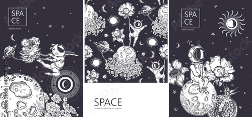 Set of space banners. Space background. Astronaut, flower and planet.