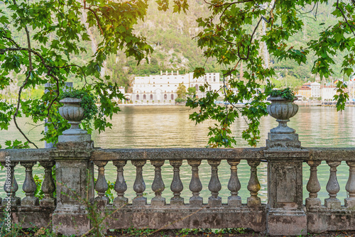 City of Riva del Garda by Garda lake in Italy. View from the promenade to see in the early morning