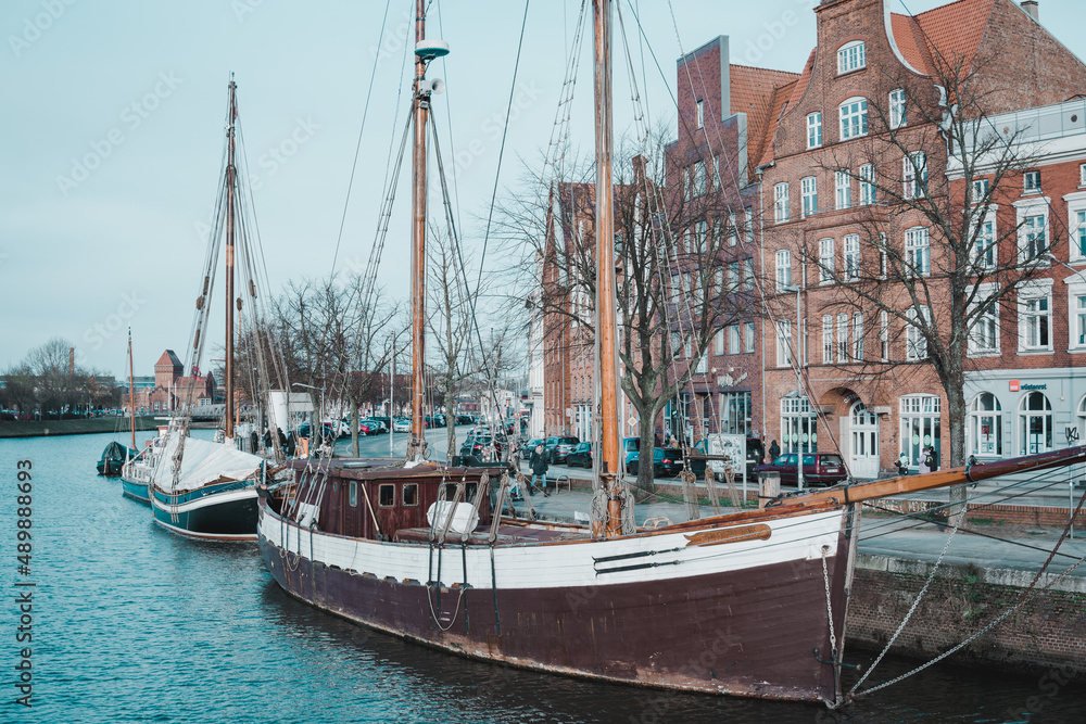 Old sailing ship moored in a Hamburg canal