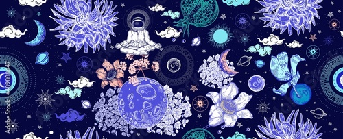 Seamless pattern. Astronaut in the lotus position, flowers, sun, stars and moon.
