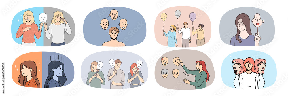 Collection of sick diverse people struggle with mood swing or bipolar disorder. Set of unhealthy men and women have mental problems need psychiatric help. Anxiety, depression. Vector.