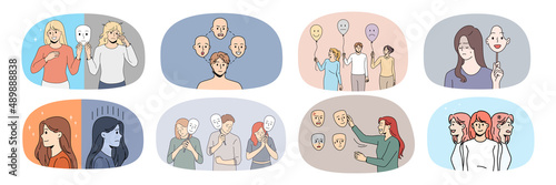 Collection of sick diverse people struggle with mood swing or bipolar disorder. Set of unhealthy men and women have mental problems need psychiatric help. Anxiety, depression. Vector.