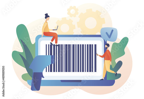 Bar code on laptop screan. Tiny people scan bar-code. Handheld barcode scanner. Modern flat cartoon style. Vector illustration on white background	