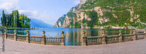 City of Riva del Garda by Garda lake in Italy. View from the promenade to see in the early morning