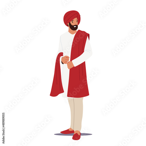 Tradition and Fashion of India Concept. Indian Male Character Wear Traditional Clothes Isolated on White Background