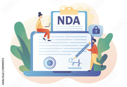 Non disclosure agreement. NDA contract. Tiny man sign confidentiality agreement document on laptop screen. Corporate secret protection. Modern flat cartoon style. Vector illustration