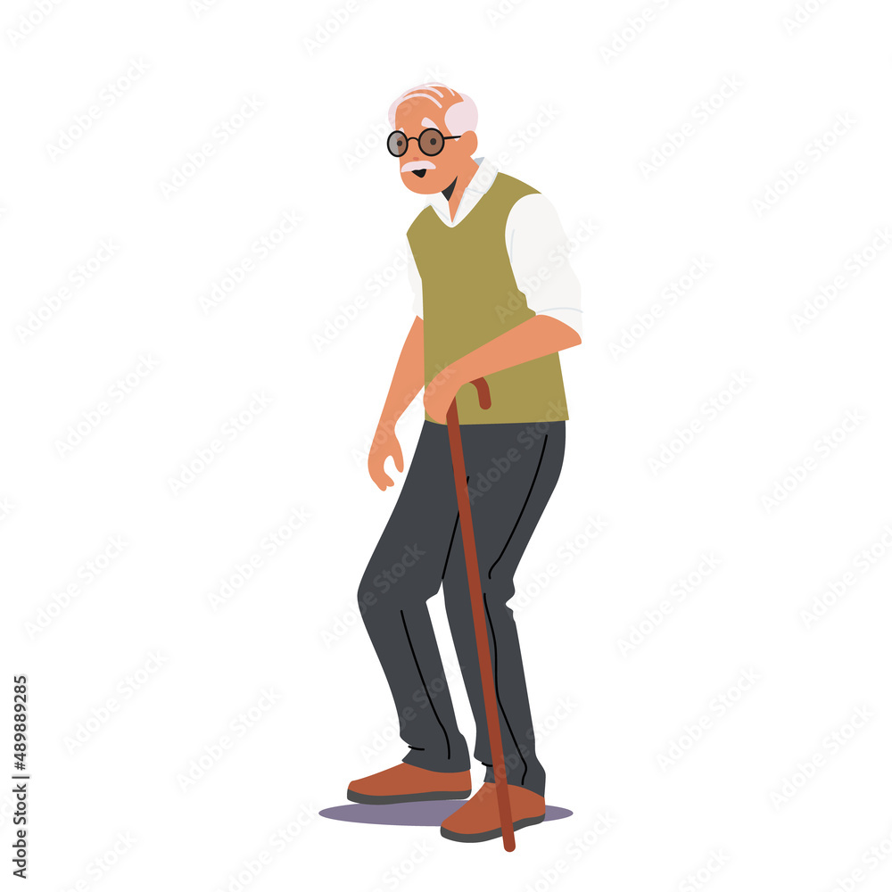 Senility, Old Ages Concept. Senior Man, Aged Grandfather Moving with Help of Walking Cane. Elderly White Haired Male