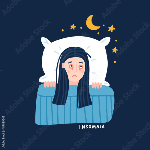 Young woman suffers from insomnia cause of mental problems, insomniac ideas. Top view tired girl lying in bed, thinking about deadline, upset event, can not relax. Flat ahnd drawn vector illustration