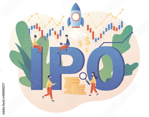 Initial public offering. IPO concept. Tiny people investors ivest stock market shares. Company growth. Passive income. Investment. Modern flat cartoon style. Vector illustration on white background
