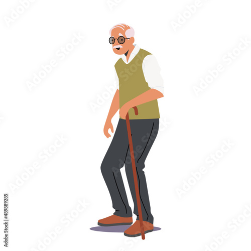 Senility, Old Ages Concept. Senior Man, Aged Grandfather Moving with Help of Walking Cane. Elderly White Haired Male