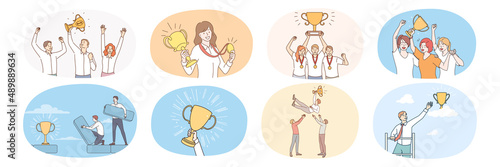 Set of businesspeople with trophy celebrate shared business success. Collection of overjoyed people with medals and awards reach target. Goal achievement. Flat vector illustration. 