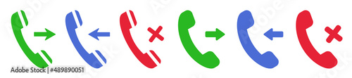 Set of icons: incoming call, outgoing call, missed call. Buttons, answer phone call, decline phone call and incoming call, outgoing call, missed call. Vector illustration.