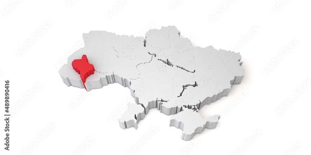 3d map of Ukraine showing the region of Ivano Frankivsk in red. 3D Rendering