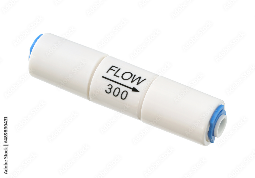 Flow restrictor concentrate water drain controller for water filtration RO (reverse osmosis) system (with clipping path) isolated on white background Flow restrictor concentrate water drain controller for water filtration RO (reverse osmosis) system (with clipping path) isolated on white background
