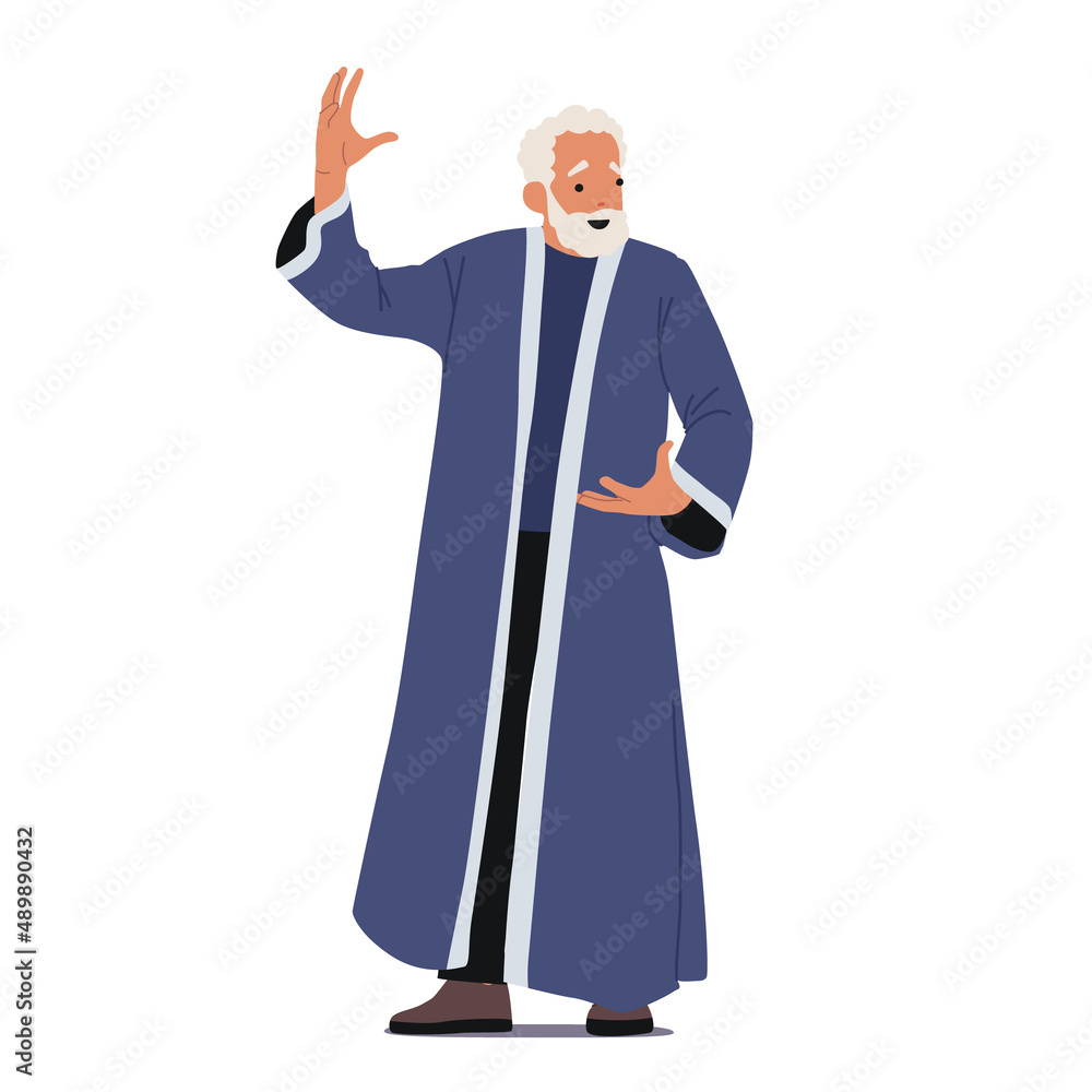 Old Magician Wizard Character Making Spell. Merlin or Dumbledore Personage With White Beard Wear Long Blue Robe Old Magician Wizard Character Making Spell. Merlin or Dumbledore Personage With White Beard Wear Long Blue Robe